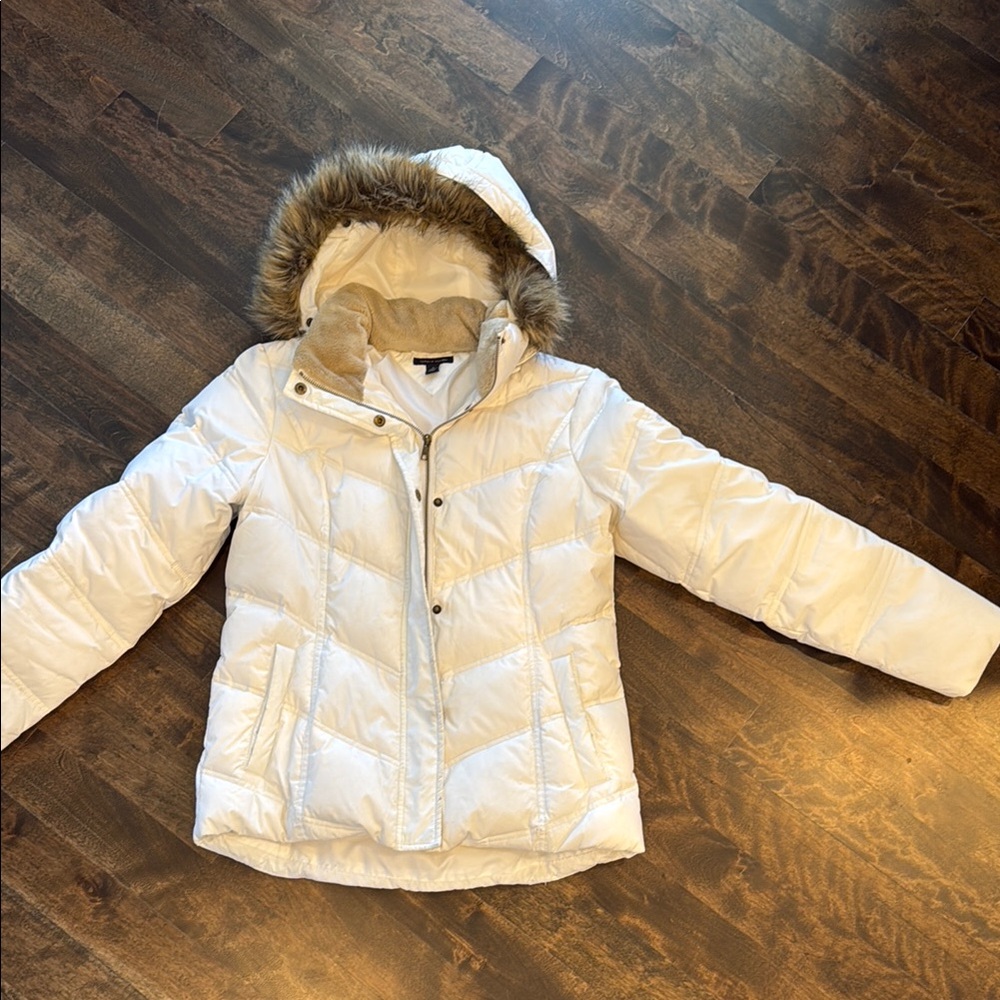 White Puffer Jacket with Faux Fur Hood
